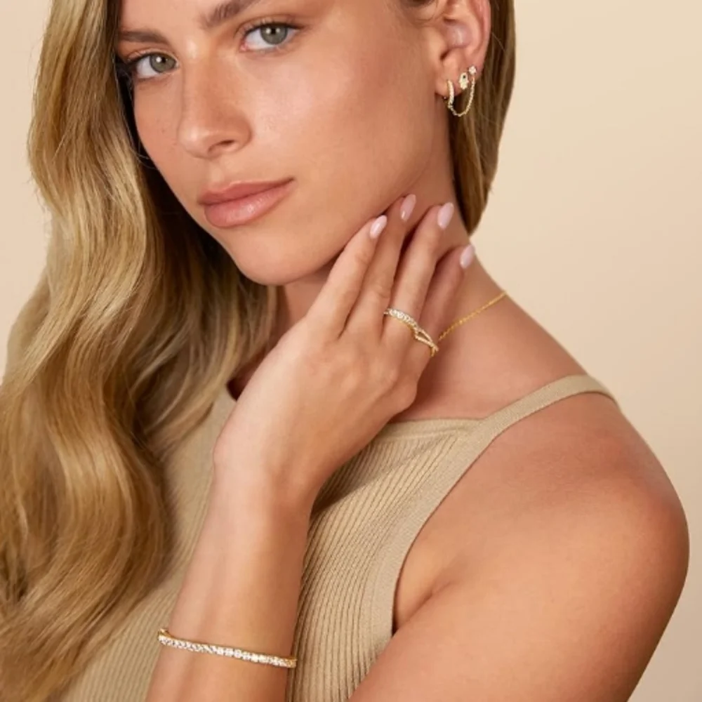 14K Gold Double Piercing Dangle Chain Huggie Hoop CZ Earrings In White Gold